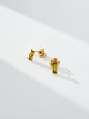 Gemstone stud earrings with baguette stones in blue, green, purple, and yellow shades, shown as birthstone earrings and birth month gift jewelry. Dainty stud earrings with a clean minimalist look for women.

