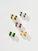 Baguette birthstone stud earrings in colorful gemstone shades, styled as delicate birth month earrings and gift for her jewelry. Minimal gemstone stud earrings with a sleek rectangular stone shape for everyday wear.