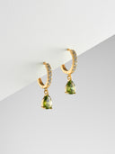Birthstone huggie earrings in gold with teardrop gemstone charms displayed in multiple month colors. Dainty gold drop earrings with sparkling huggie hoops and pear cut birthstones, shown as a personalized gift for her, birthday earrings, minimalist gemstone earrings, and elegant birth month jewelry. Gold huggie hoop earrings with colorful birthstone drops for January, February, April, August, and October, styled as delicate everyday jewelry.

